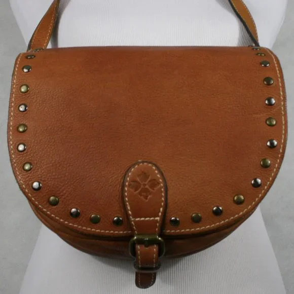 Patricia Nash Brown Italian Pebble Leather Crossbody Saddle Bag w/ Rivets VGC - Picture 2 of 14